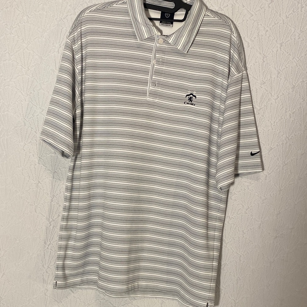 Nike Men's Polo Shirt in Gray and White Stripes, Cavalry, Golf Course Casual.